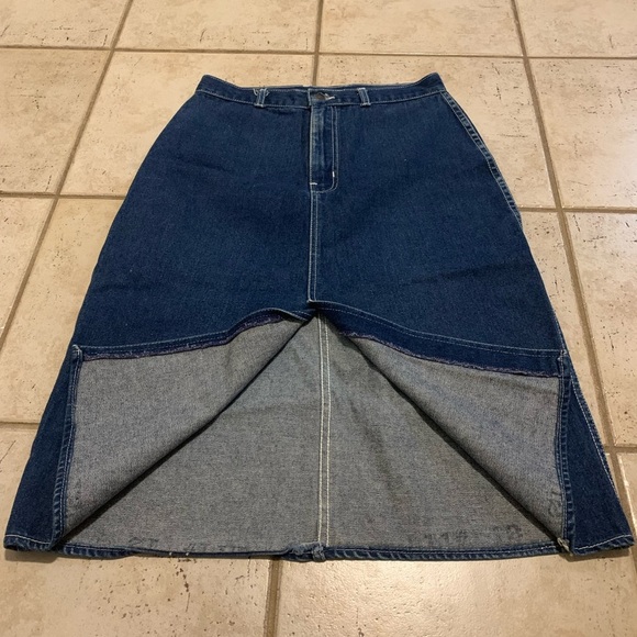 VINTAGE 90s VALINTINO Dark Wash Denim Maxi A-Line Skirt Front Slit - Picture 3 of 7